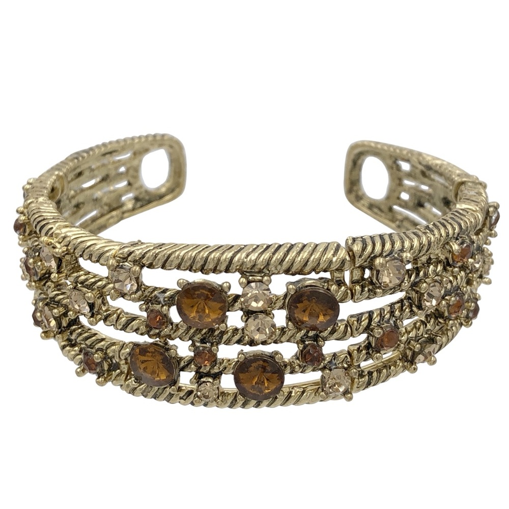 Brown & Topaz Rhinestone Open Lines Memory Wire Fancy Cuff Bracelet